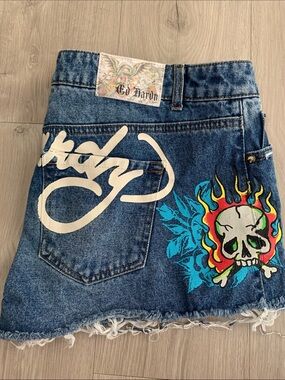 Ed Hardy Women’s Blue Denim shorts with Multicolor Skull Graphic